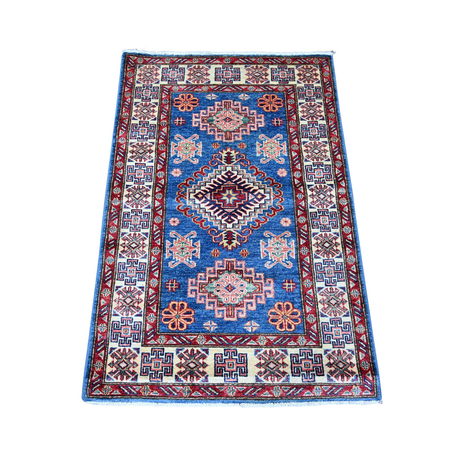 Bayern Blue, Afghan Super Kazak with Geometric Medallion Design, Hand Knotted, Soft and Shiny Wool, Vegetable Dyes, Sample, Mat, Oriental Rug